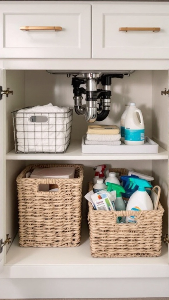 Organized under-sink storage with baskets and cleaning supplies.