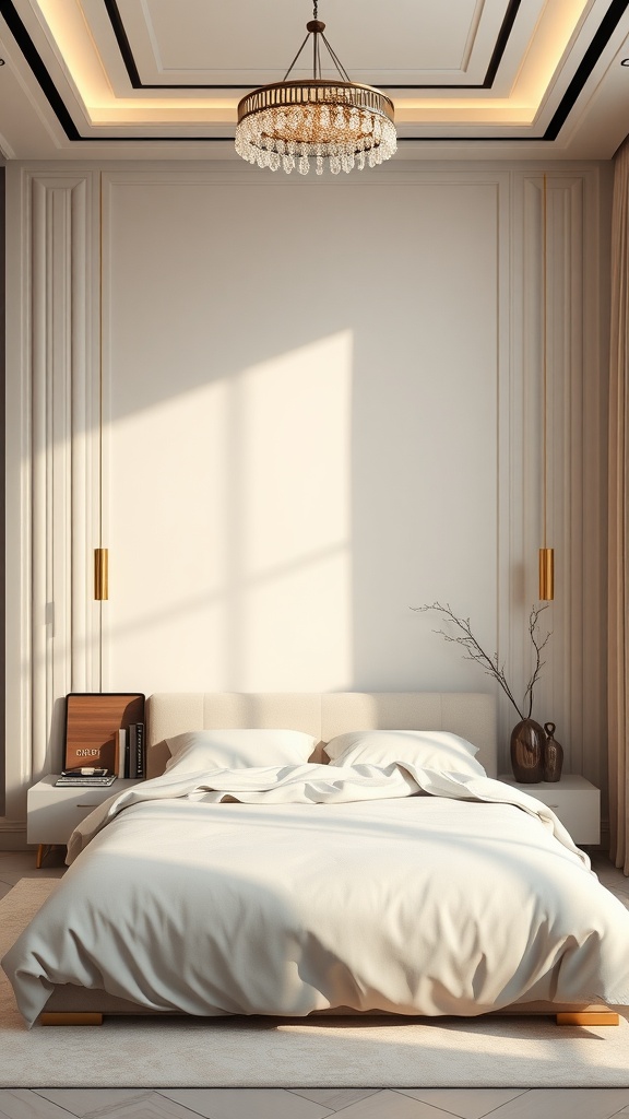 Minimalist bedroom with a neutral color palette, elegant chandelier, and simple decor
