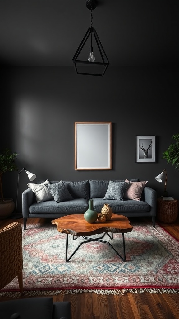 A living room featuring a unique wooden coffee table with black metal legs, gray sofa, and dark walls.