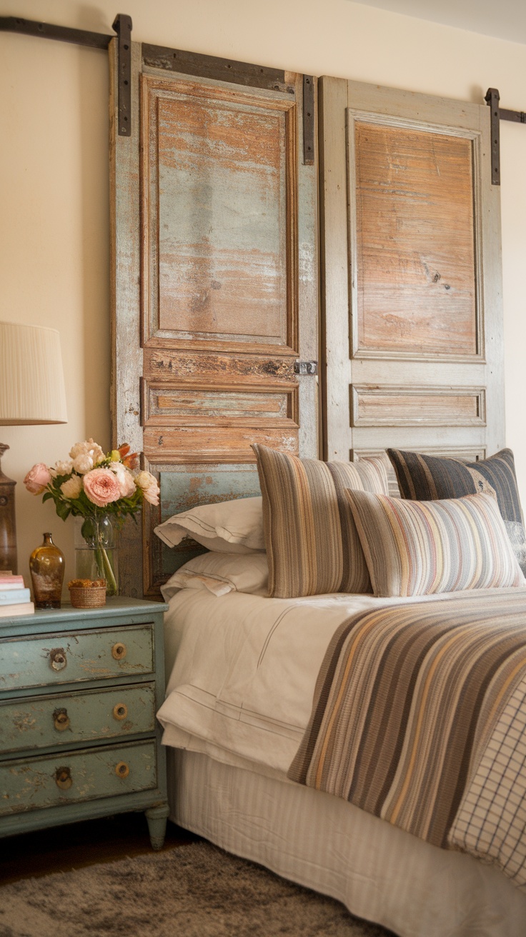 An upcycled door used as a headboard in a cozy bedroom setting.
