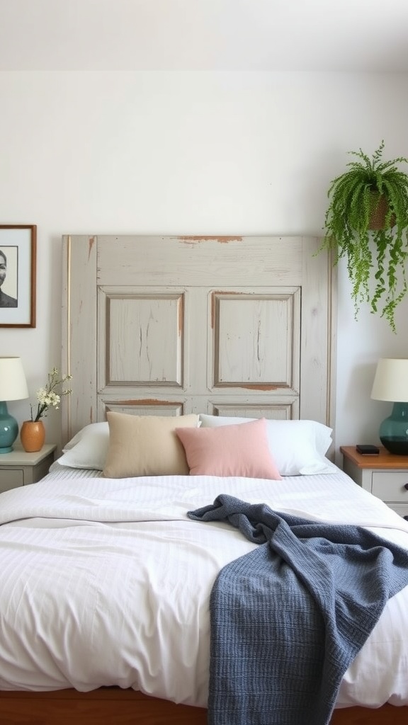 Upcycled door headboard in a cozy bedroom setting with pillows and plants