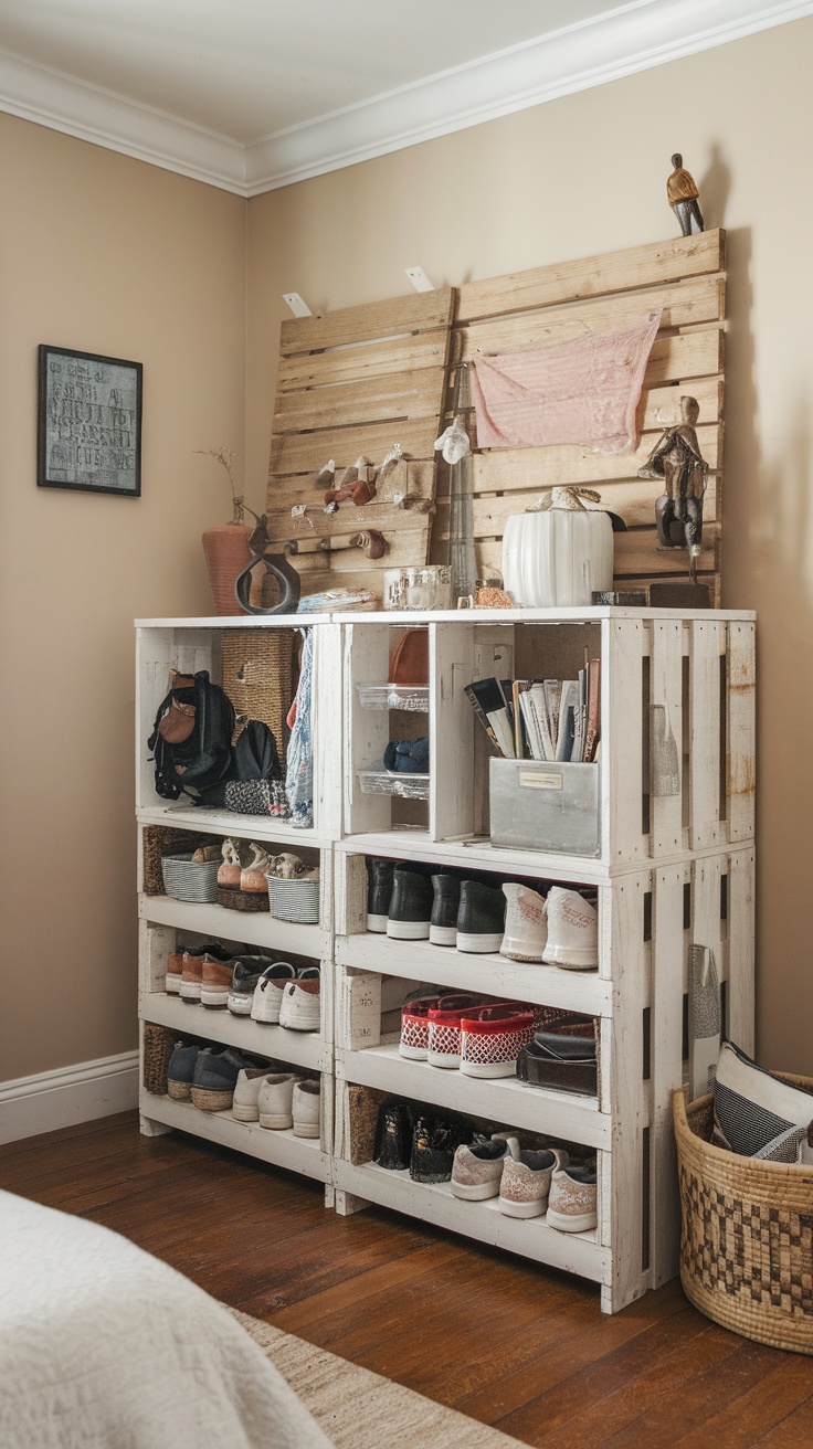 An upcycled dresser with a woven basket and decorative items on top