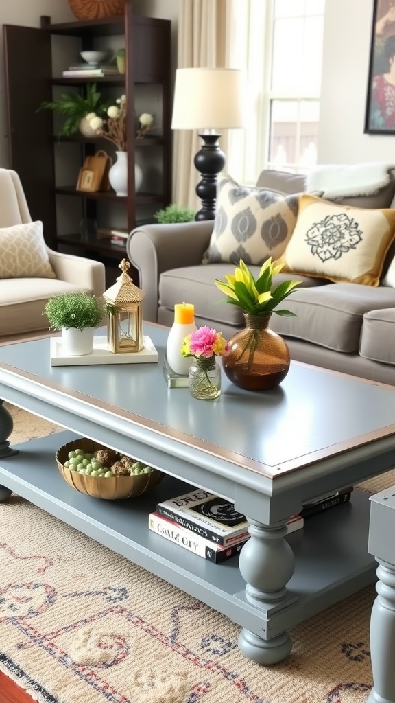 A transformed gray coffee table with decorative items in a cozy living room setting.