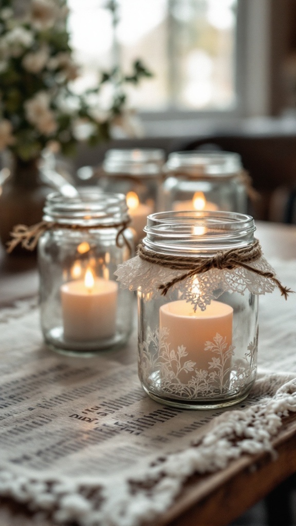 Glass jar candle holders decorated with twine and lace, featuring lit candles inside.