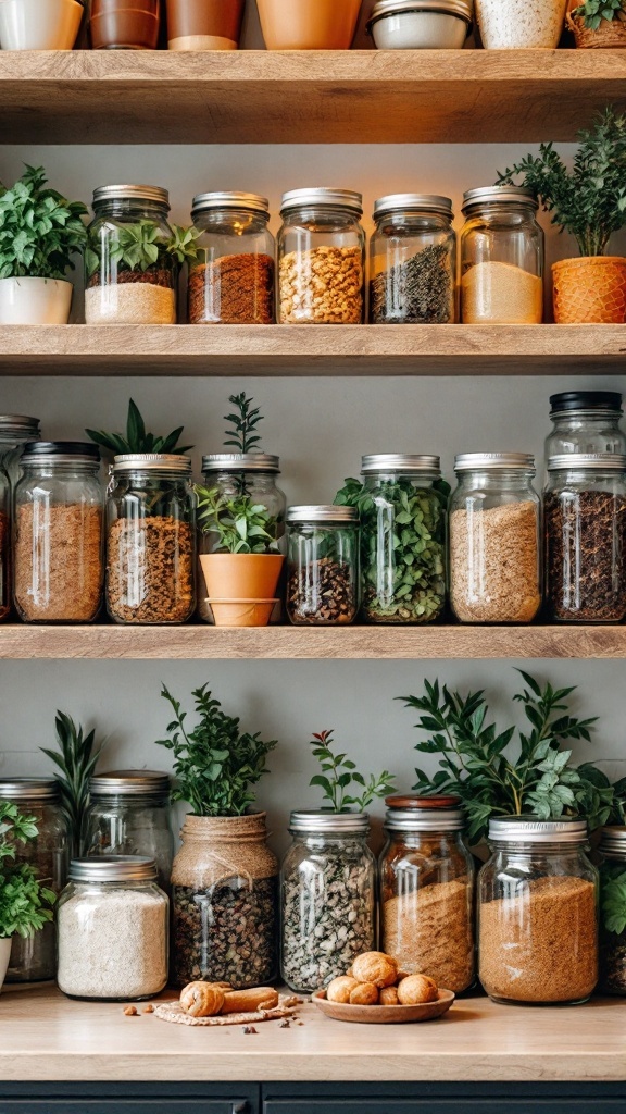 Shelves filled with upcycled glass jars containing spices, herbs, and plants.