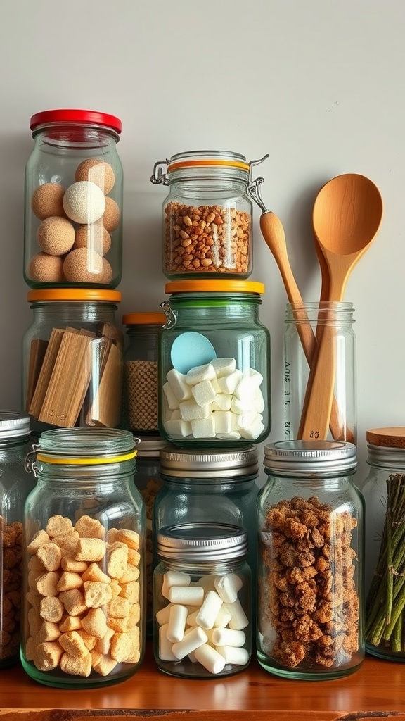 A collection of upcycled glass jars organized neatly, filled with various items like snacks and wooden utensils, showcasing colorful lids.