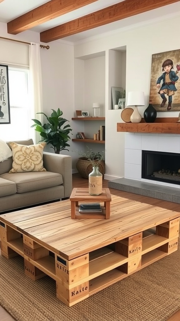 A living room featuring an upcycled pallet coffee table, showcasing its rustic design and cozy ambiance.