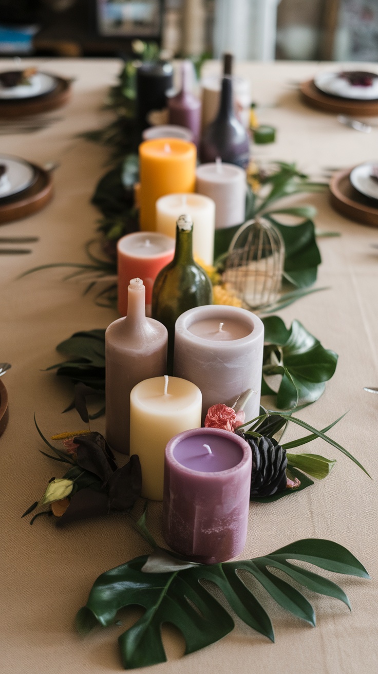 A table setting featuring green wine bottles with candles inside, creating a cozy ambiance.