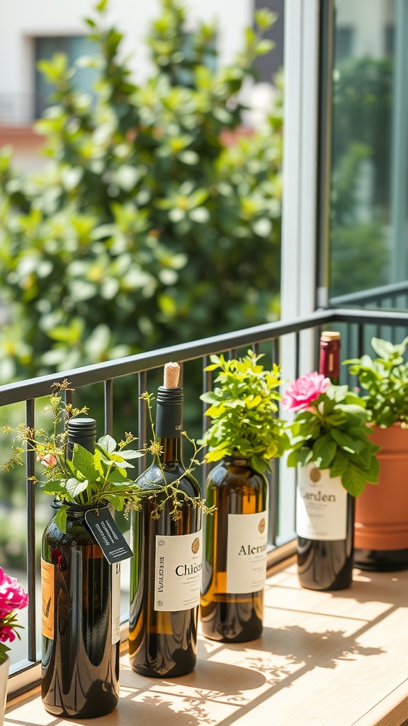 A row of upcycled wine bottle planters with various plants on a balcony railing.