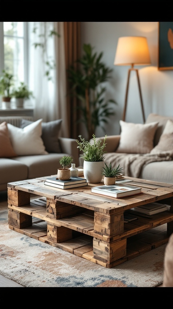 A cozy living room featuring a wooden pallet coffee table adorned with plants and books.