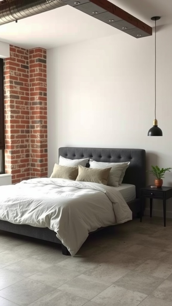 A minimalist bedroom featuring a gray bed, soft linens, and a textured brick wall.