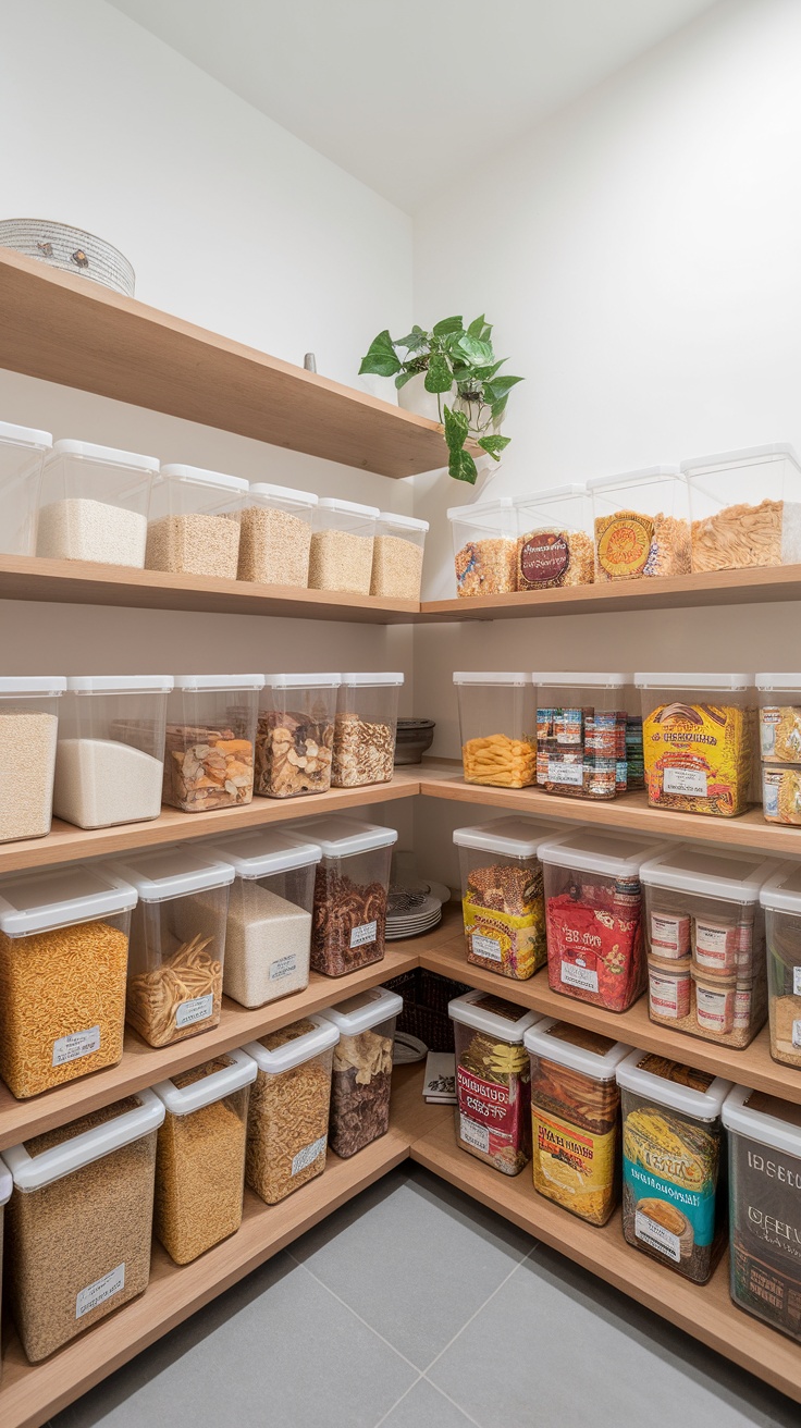 Beautifully organized pantry with clear containers filled with various dry foods