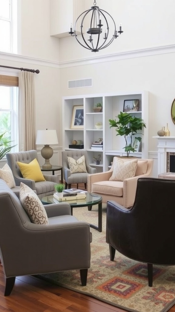 Living room showcasing a variety of accent chairs in different colors and styles.