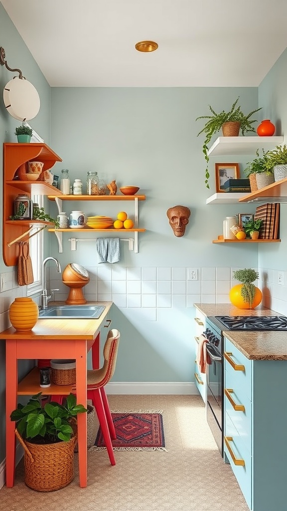 A small kitchen with light blue walls, orange shelves, and a mix of decorative items including plants and colorful kitchenware.