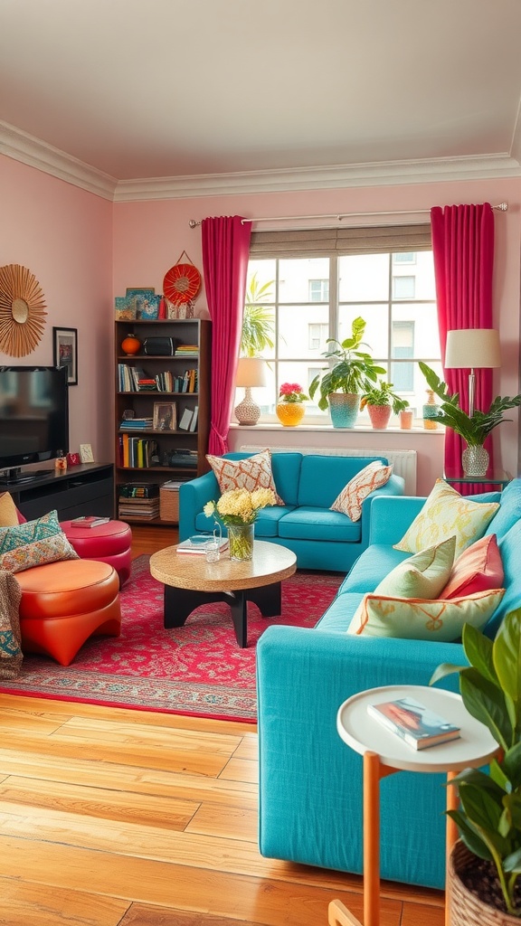 A colorful living room with turquoise sofa, pink curtains, and vibrant decor.