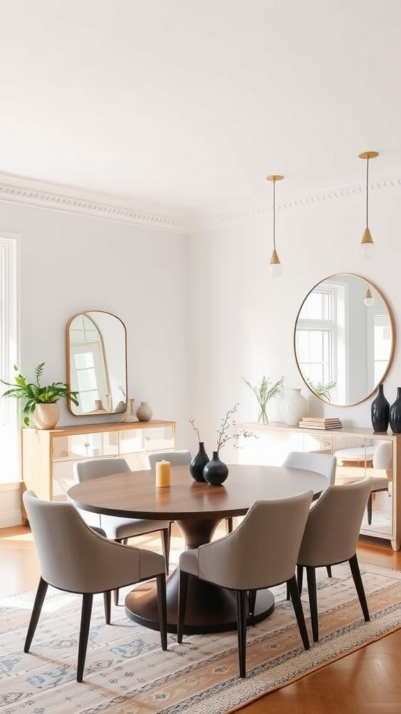 A modern living room and dining room combo featuring a round dining table, soft chairs, and decorative mirrors that enhance natural light.