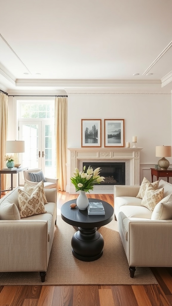A cozy living room with beige sofas, a black coffee table, and light-colored curtains.