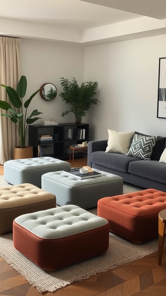 A stylish living room with multiple colorful ottomans arranged around a central area, showcasing flexible seating options.