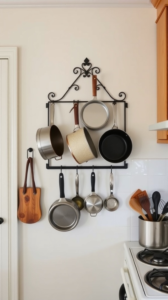 A wall-mounted pot rack displaying various pots and utensils in a kitchen.