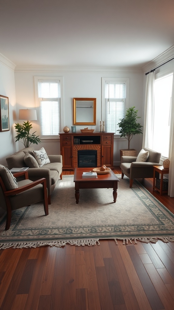 A cozy living room featuring a coffee table set on an area rug, surrounded by comfortable seating and warm wooden accents.