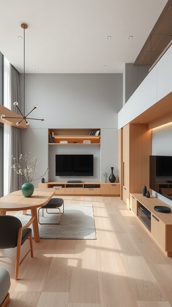 A modern living room and dining room combo featuring a round dining table, chairs, and a built-in media unit.
