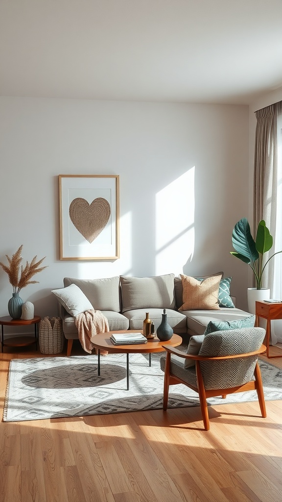 A cozy living room with a sectional sofa, side tables, and decorative elements in a corner space