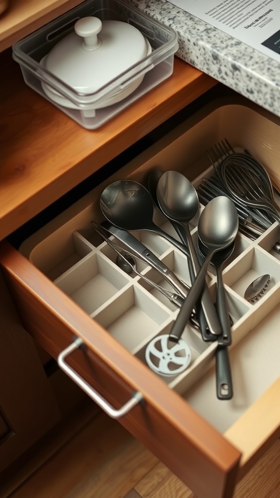 A wooden kitchen drawer with organized utensils inside using dividers.