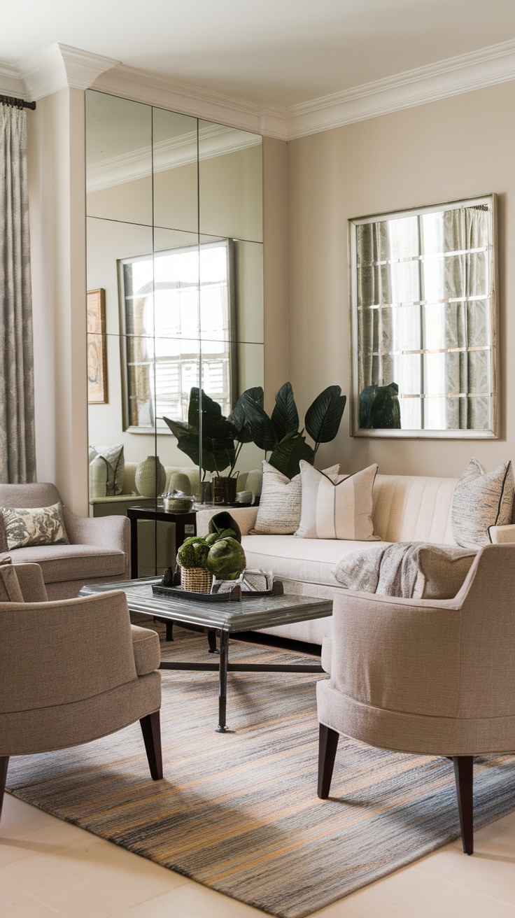 A stylish living room featuring three ornate mirrors above a sofa, enhancing the space with light and decoration.