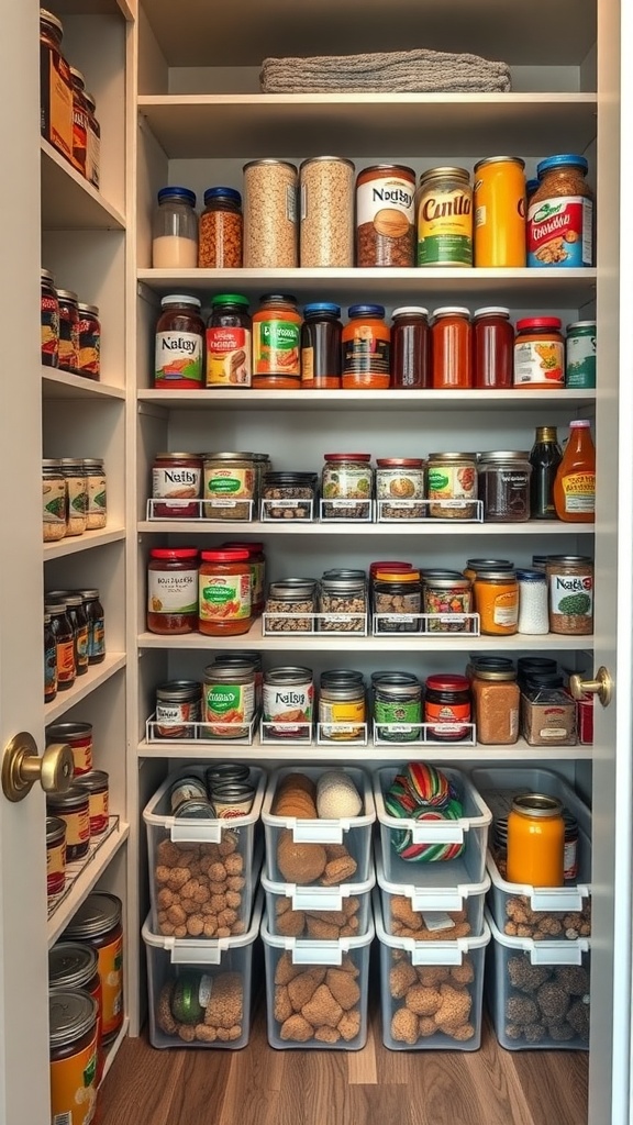 A well-organized kitchen pantry with stair-step organizers displaying various jars and containers.