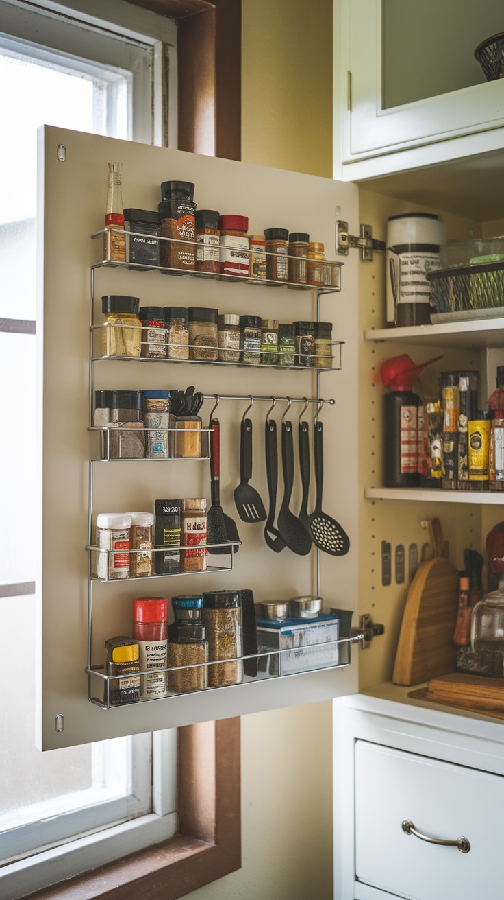 Cabinet showcasing organized spices and hanging utensils