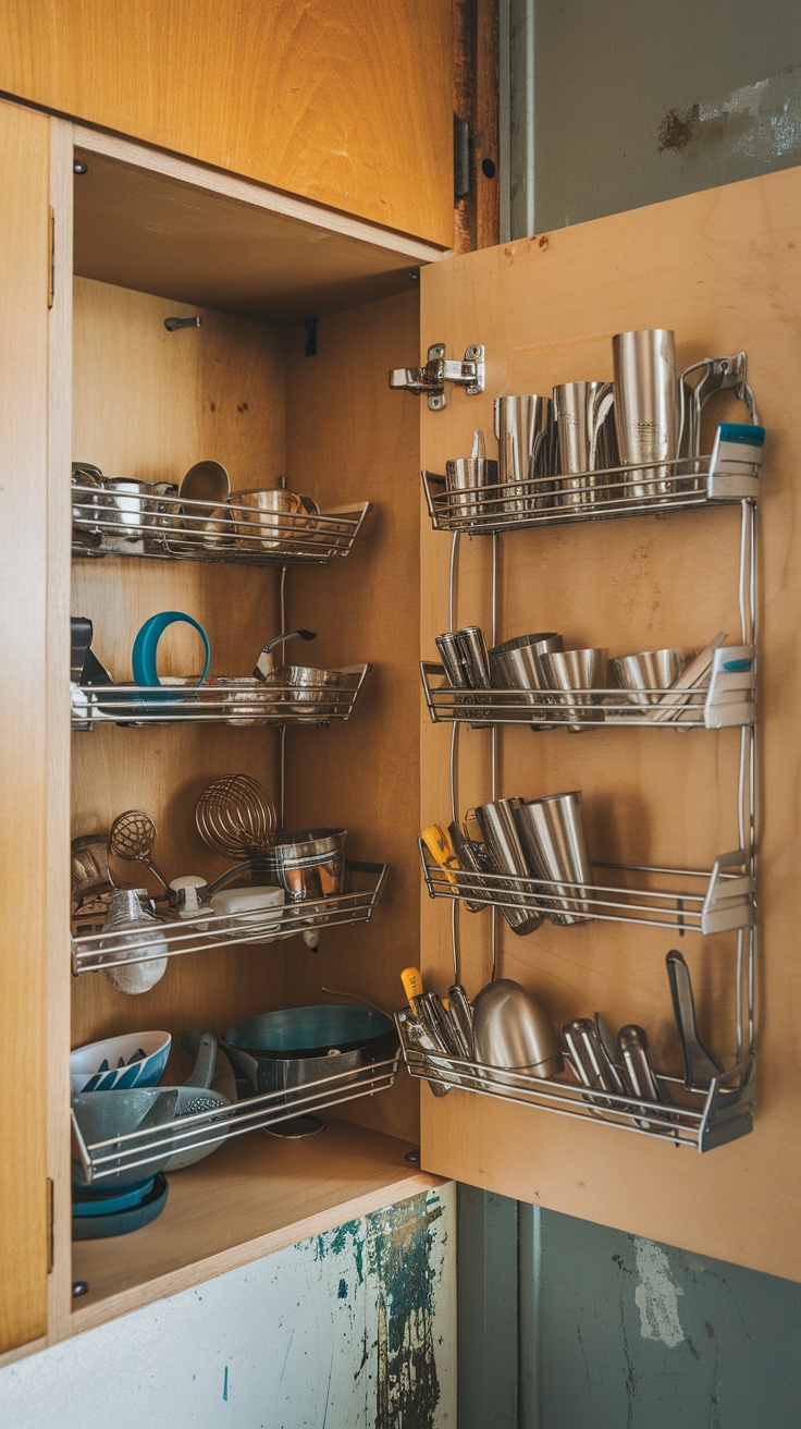 Cabinet door with shelves and hooks storing cups and utensils