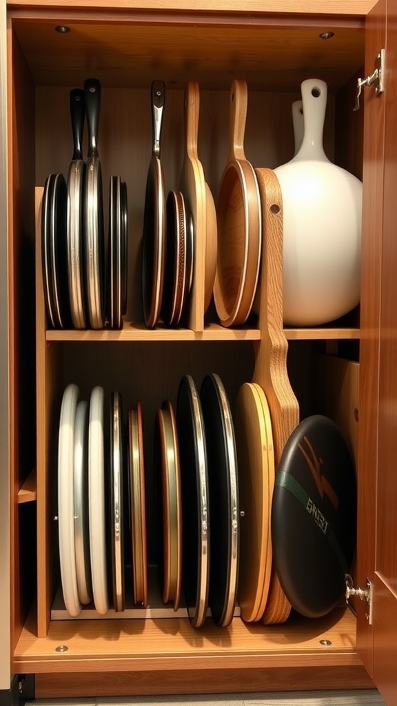 Cabinet with vertical dividers holding various pots and pans