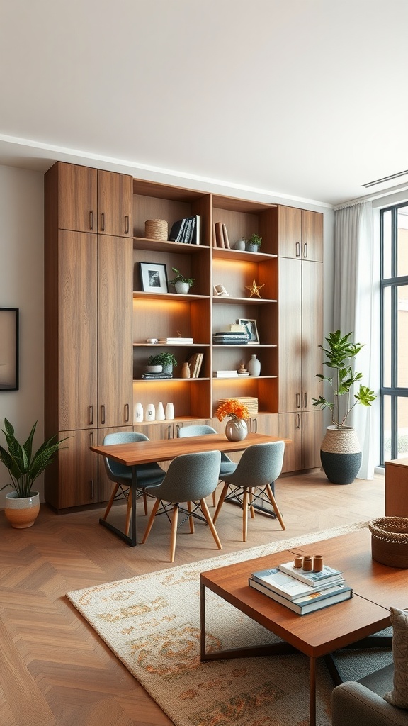 A stylish living room dining room combo featuring vertical wooden shelves filled with books and decor, a dining table with chairs, and a bright inviting atmosphere.