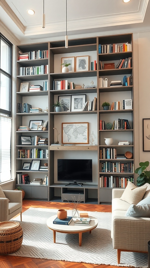 Living room with a tall shelving unit filled with books, plants, and decorative items.
