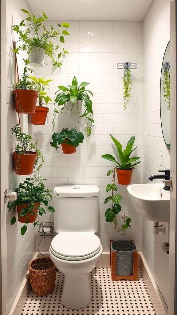 Small bathroom with vertical plants in hanging pots on the wall, a white toilet, and a sink.