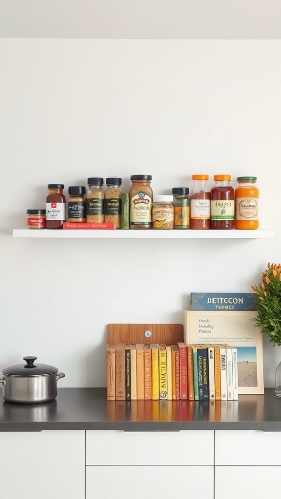 Shelves displaying jars of spices and cookbooks in a kitchen