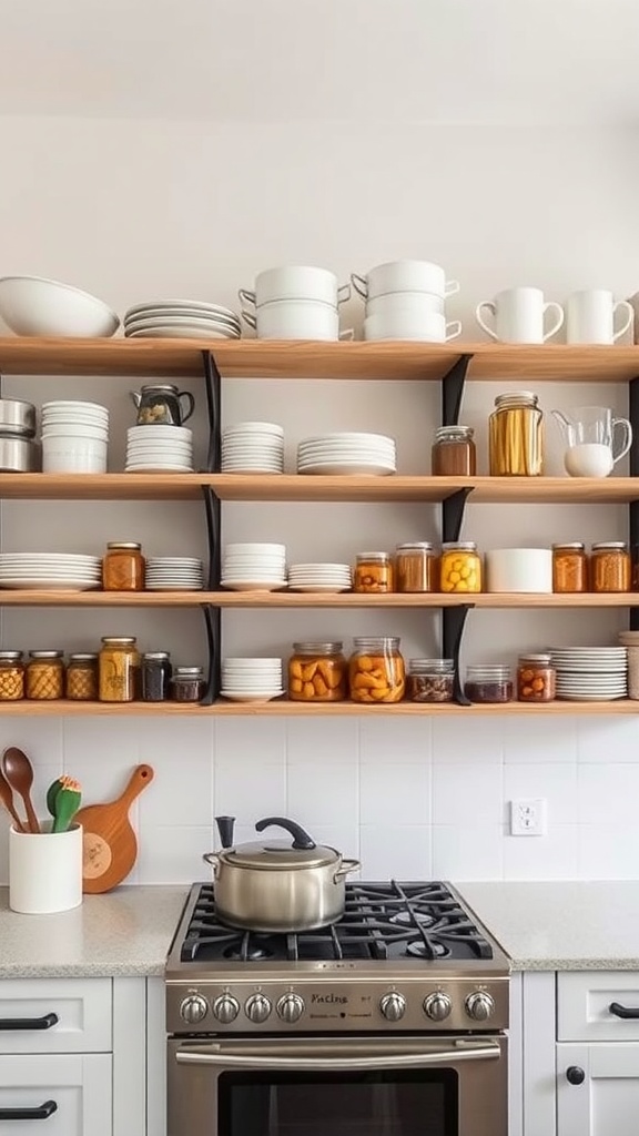 A modern kitchen with wooden shelves displaying dishes, jars, and kitchen utensils.