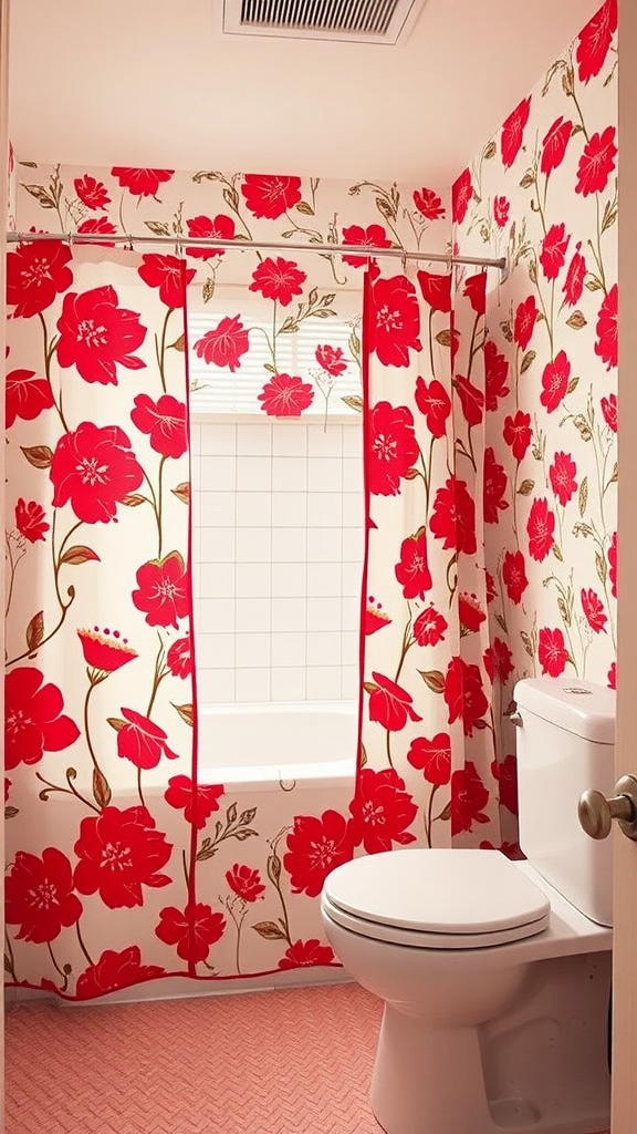 A bathroom featuring vibrant red floral patterned wallpaper and shower curtain, with a light pink floor.