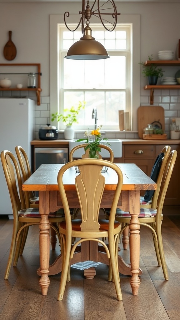 A cozy kitchen with a wooden dining table surrounded by vintage-style chairs, featuring a simple flower vase on the table.