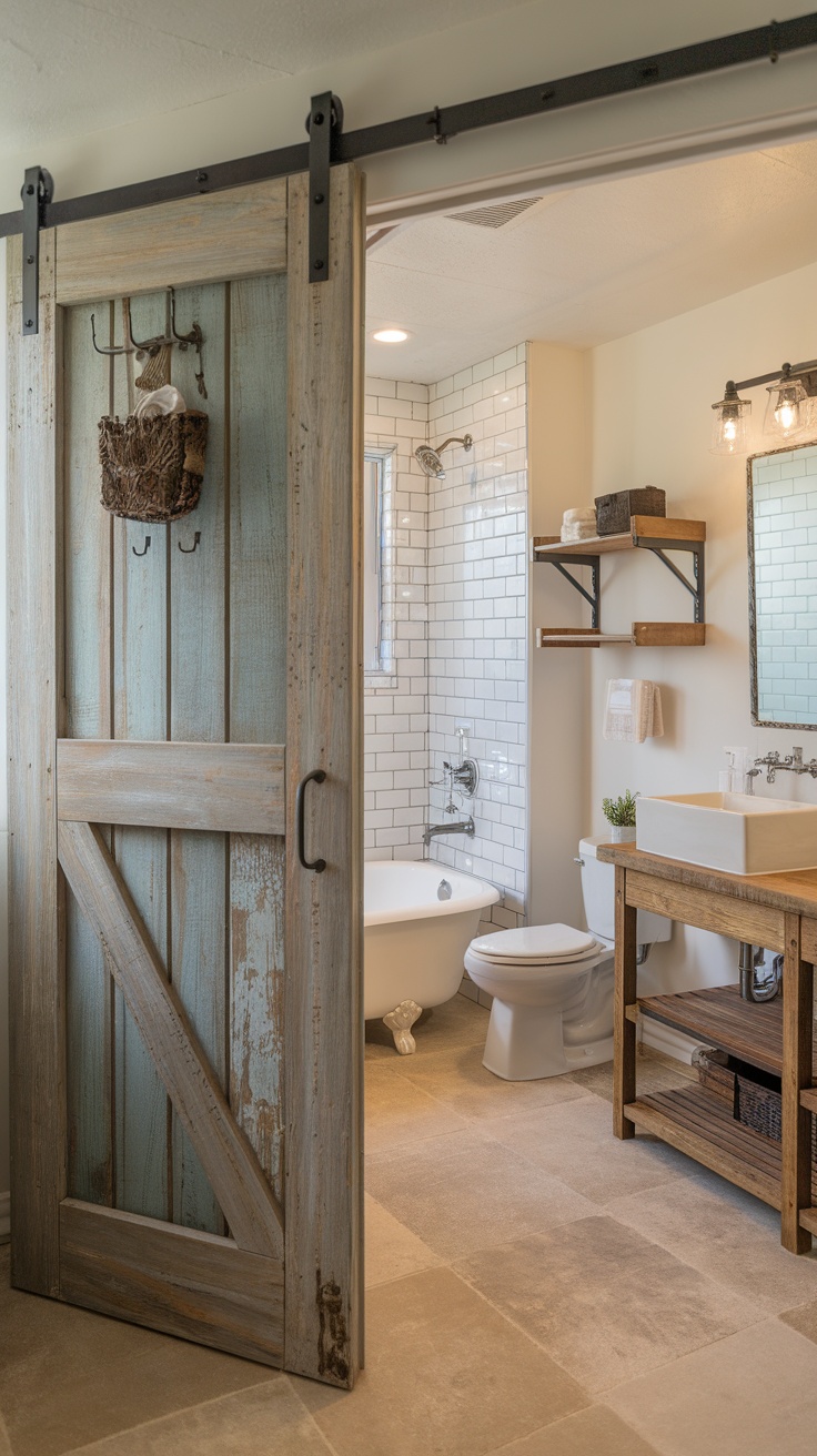 Entryway with a vintage barn door leading to a farmhouse bathroom