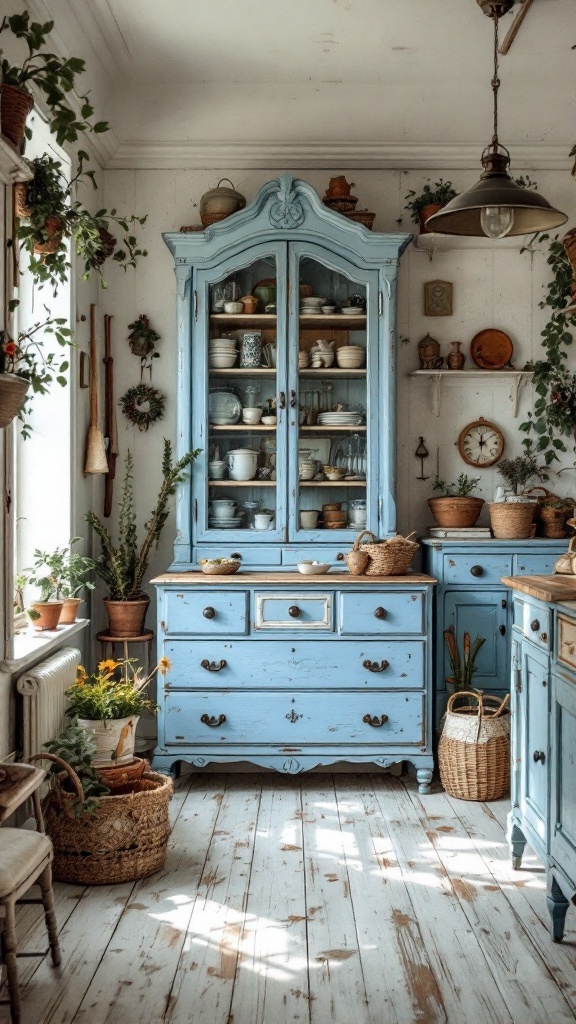 Vintage blue cabinet in a farmhouse kitchen with dishes and plants