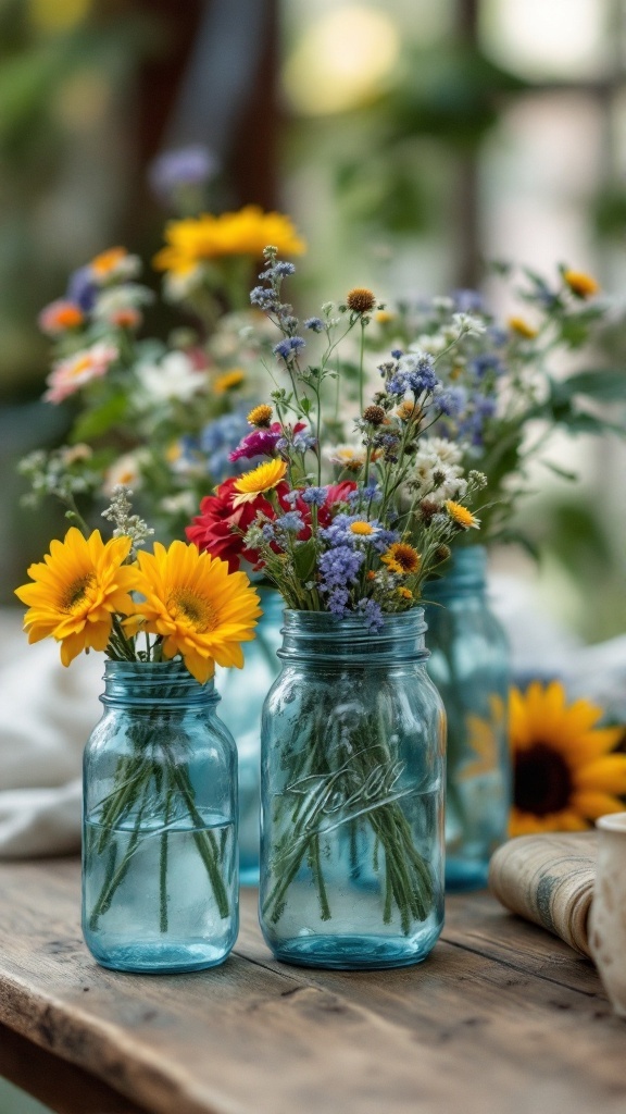Vintage blue mason jars filled with colorful flowers on a wooden table