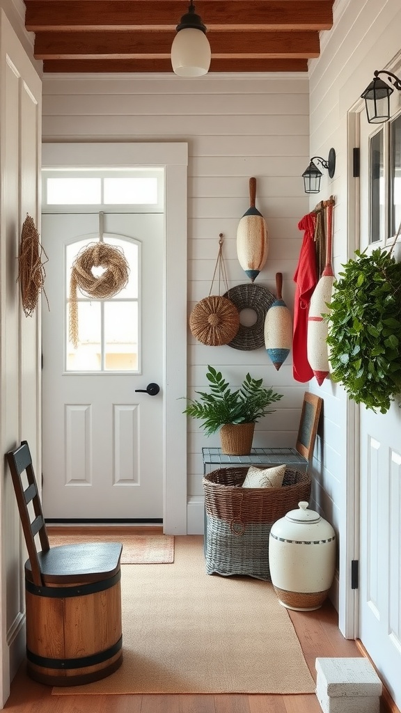 A cozy entryway featuring colorful vintage buoys displayed on the wall.