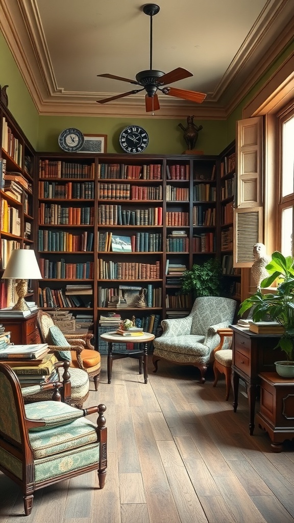 Cozy vintage reading room with antique decor, colorful bookshelves, and comfortable seating.