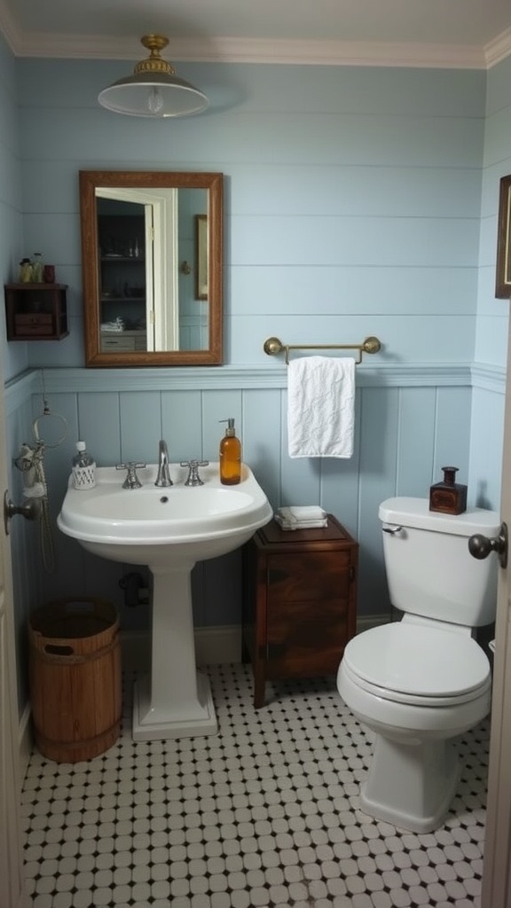 A vintage-style bathroom with sky blue shiplap walls, a white pedestal sink, and black and white tiled flooring.