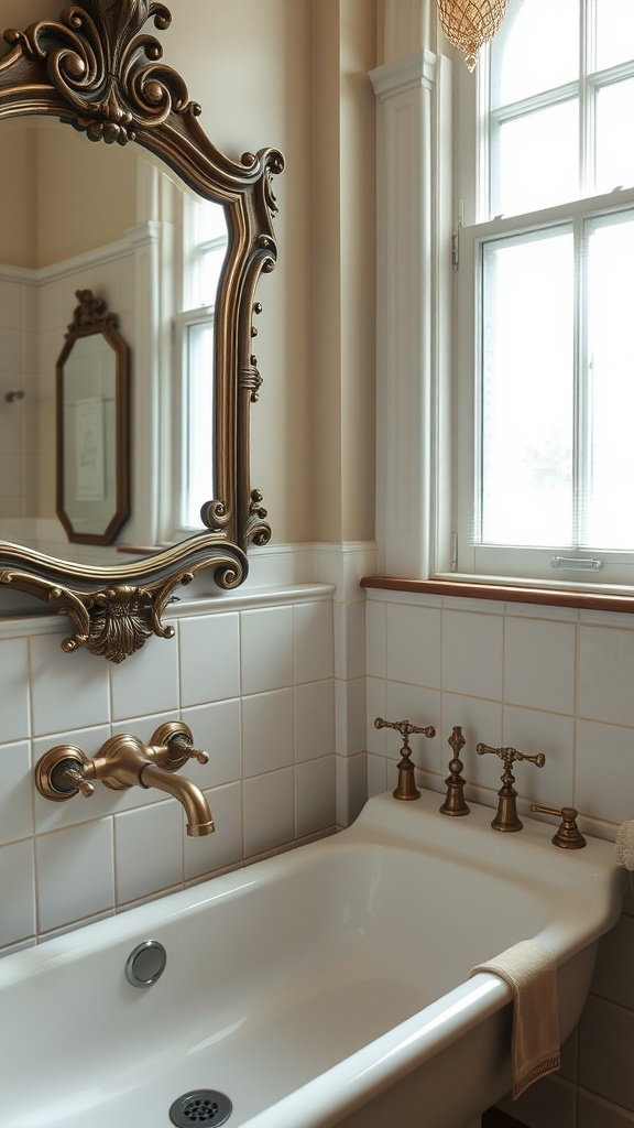 A vintage-style bathroom featuring an antique mirror, brass fixtures, and a classic bathtub