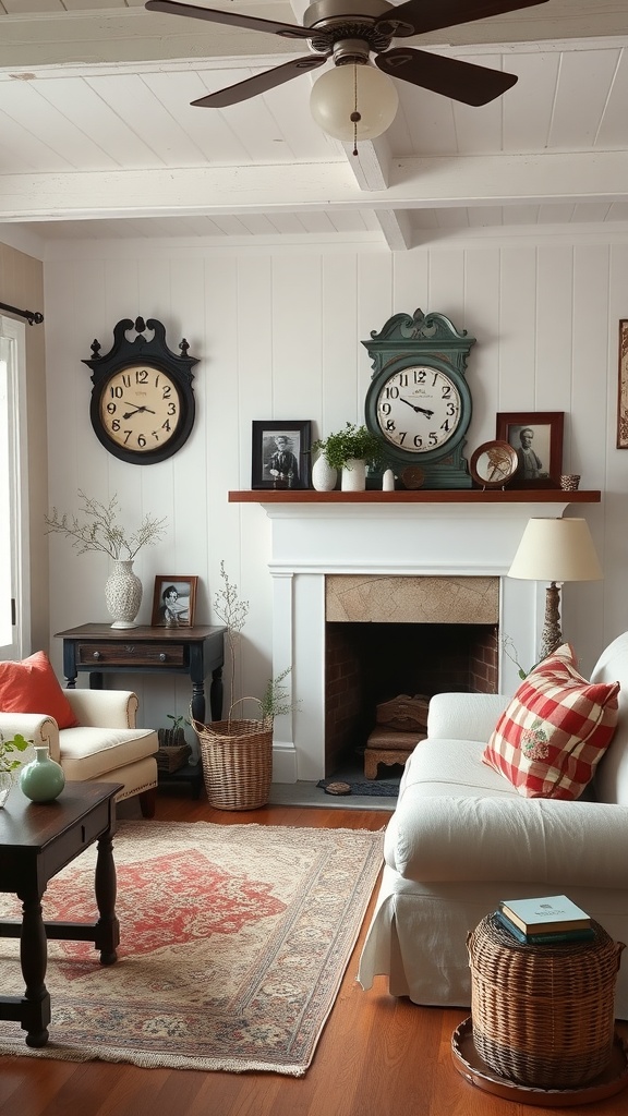 Cozy farmhouse living room with vintage decor accents
