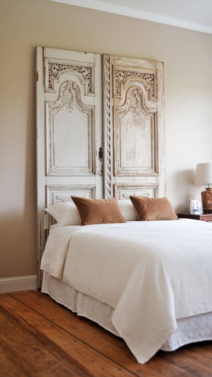 A vintage door repurposed as a headboard in a cozy bedroom setting.