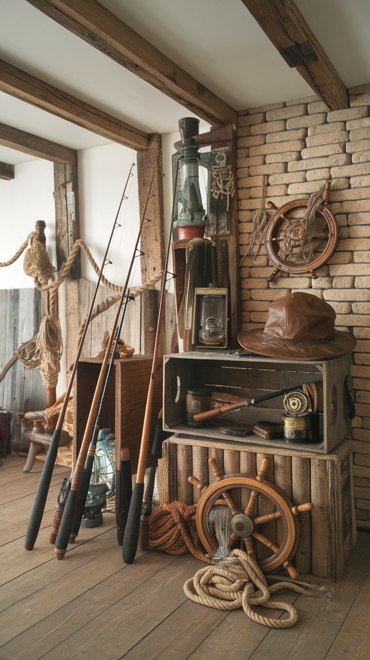 A wall display featuring vintage fishing gear including rods, paddles, and nautical decor.