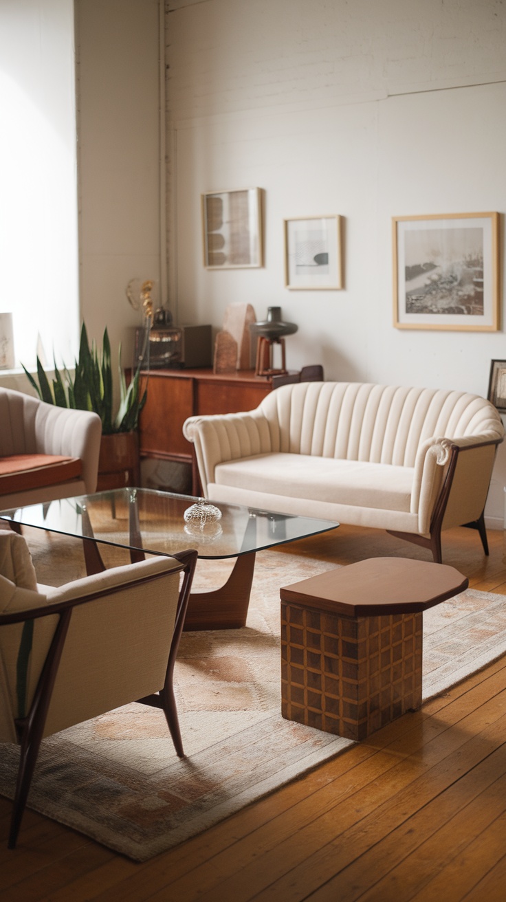 Cozy farmhouse living room with vintage furniture, featuring a soft sofa, wooden cabinet, and a round coffee table.